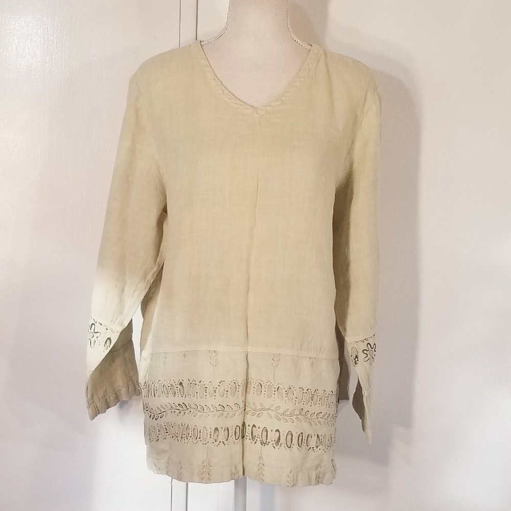 Vintage 90s BOHO Tunic Top Linen Organic Casual Pale Green Womens XL
